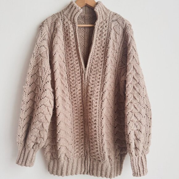 Vintage Hand made Beige Brown Chunky Knit Cardigan Zip Up M - Picture 2 of 4